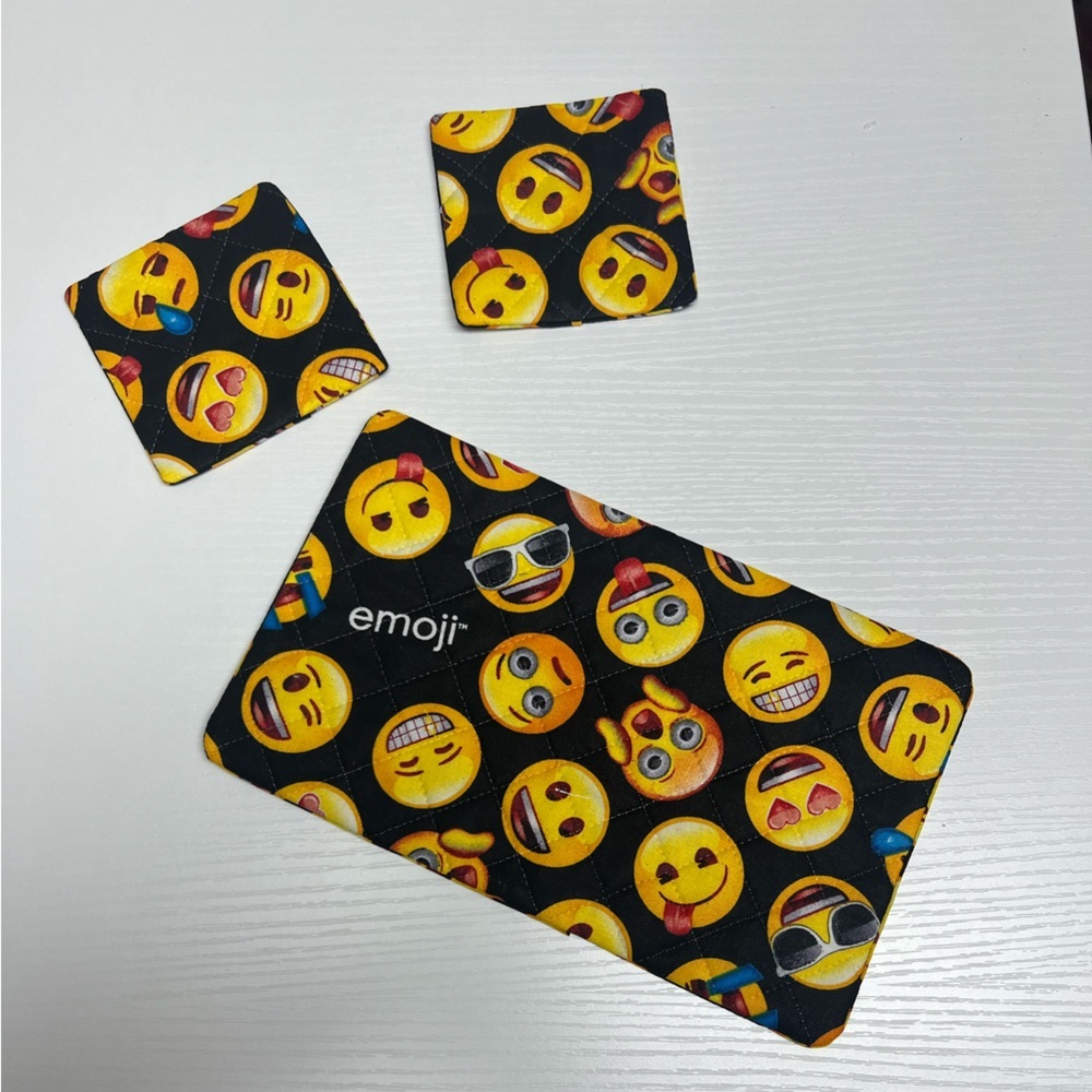Hand Crafted Mouse Pad and 2 Coasters Black with Emoji Faces yellow